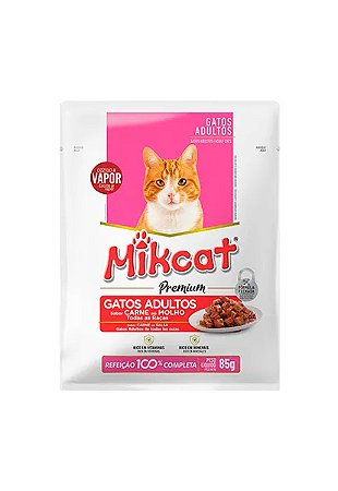 Ração Úmida Mikcat Premium Sachê Sabor Carne ao Molho para Gatos Adultos - 85g