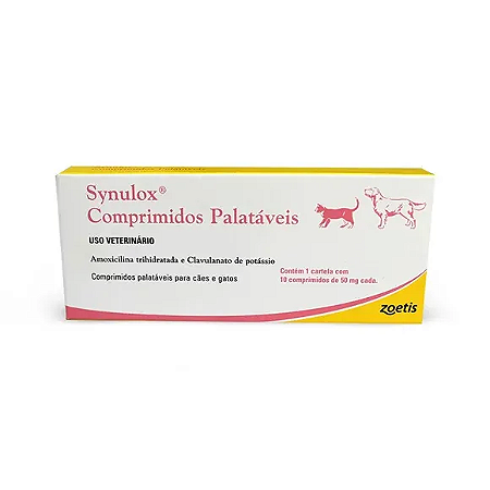 Antibacteriano Synulox Zoetis para Cães e Gatos com 10 comprimidos palatáveis - 50mg e 250mg