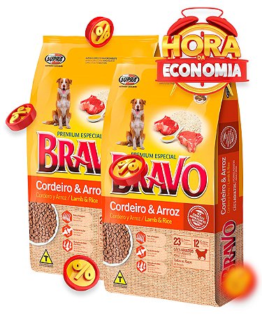 Ração Bravo Premium Especial Sabor Cordeiro e Arroz para Cães Adultos - Combo com 30kg (2x 15kg)