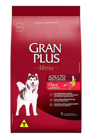Ração GranPlus Menu High Premium Sabor Carne e Arroz para Cães Adultos Médios e Grandes - 15kg ou 20kg