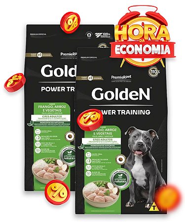 Ração Golden Power Training Sabor Frango, Arroz e Vegetais para Cães Adultos - Combo com 30kg (2x 15Kg)