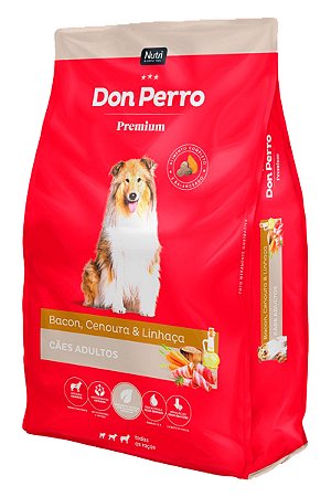 Ração Don Perro Sabor Bacon, Cenoura e Linhaça para Cães Adultos de Todas as Raças - 7kg ou 25Kg