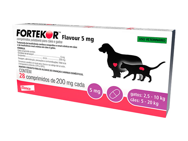 Fortekor Flavour Elanco para Cães de 5kg a 20kg e Gatos de 2,5kg a 10kg - 28 comprimidos de 200mg cada