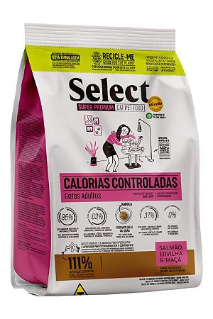 Ração Select by Monello Calorias Controladas Sabor Salmão, Ervilha e Maça para Gatos Adultos - 1,5kg, 10,1kg ou 15kg