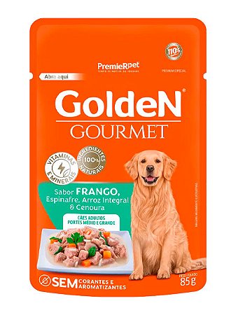 Ração Úmida Golden Gourmet Sachê Sabor Frango, Espinafre, Arroz Integral e Cenoura para Cães Adultos Raças Médias e Grandes - 85g
