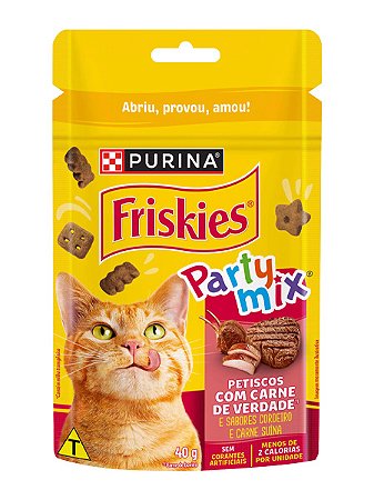 Petisco Nestlé Purina Friskies Party Mix Sabor Carne, Cordeiro e Carne Suína para Gatos Adultos - 40g