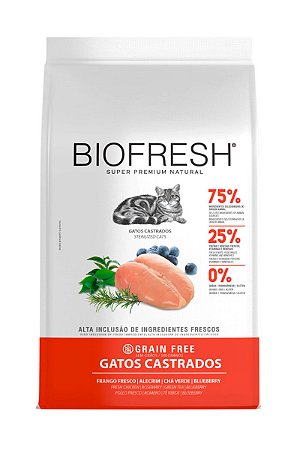 Ração Biofresh Super Premium Sabor Frango, Alecrim, Chá Verde e Blueberry para Gatos Adultos Castrados - 400g, 1,5Kg ou 7,5kg
