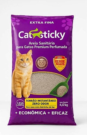 Areia Sanitária Cat Sticky Premium Extra Fina Perfumada para Gatos - 4kg ou 20kg (5 Pacotes de 4kg)
