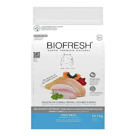 Ração Biofresh Super Premium Sabor Mix de Carne, Frutas, Legumes e Ervas Frescas para Cães Adultos Castrados de Raças Médias - 10,1Kg