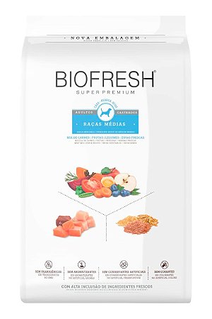 Ração Biofresh Super Premium Sabor Mix de Carne, Frutas, Legumes e Ervas Frescas para Cães Adultos Castrados de Raças Médias - 10,1Kg