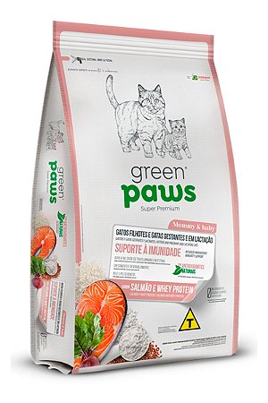Ração Green Paws Super Premium Sabor Salmão e Whey Protein para Gatos Filhotes e Gatas Gestantes e em Lactação - 1,5Kg e 10,1Kg