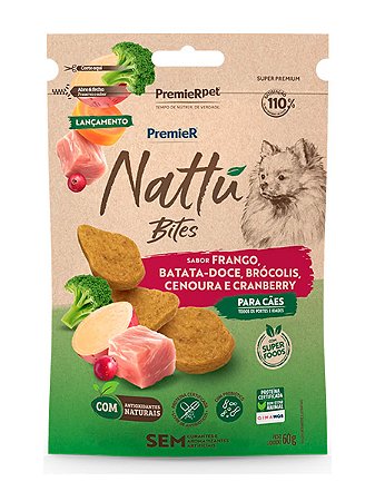 Petisco Premier Nattu Bites Sabor Frango, Batata-Doce, Brócolis, Cenoura e Cranberry para Cães - 60g