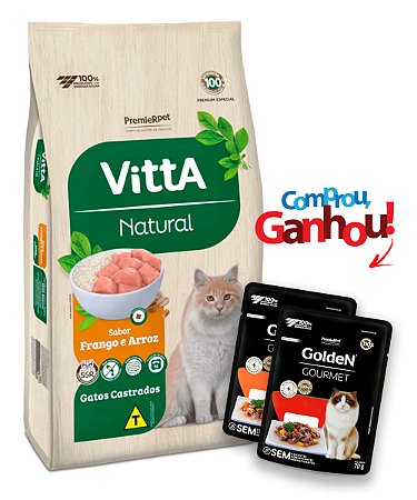 Ração Vitta Natural Premier Premium Especial Sabor Frango e Arroz para Gatos Castrados - 10,1kg + Brinde