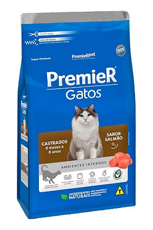 Ração Premier Sabor Salmão para Gatos Castrados de 6 meses a 6 anos - 500g, 1,5kg ou 7,5kg