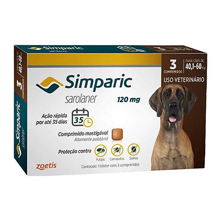 Antipulgas Simparic Zoetis 120mg para cães 40,1 a 60kg C/3 Comprimidos