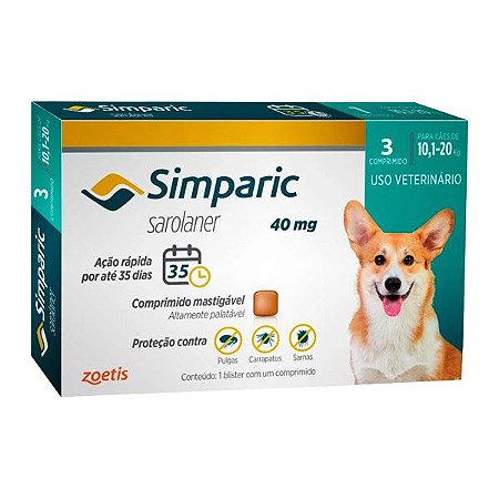 Antipulgas Simparic Zoetis 40mg para cães 10,1 a 20kg C/3 Comprimidos