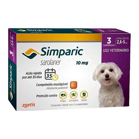Antipulgas Simparic Zoetis 10mg para cães 2,6 a 5kg C/3 Comprimidos