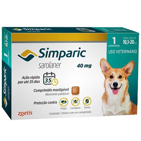 Antipulgas Simparic 40 mg para cães 10,1 a 20 kg C/1 Comprimido Avulso - Zoetis