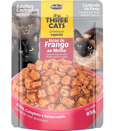 Ração Úmida Three Cats Sachê Premium Especial para Gatos Adultos Castrados Sabor Iscas de Frango ao Molho - 85g