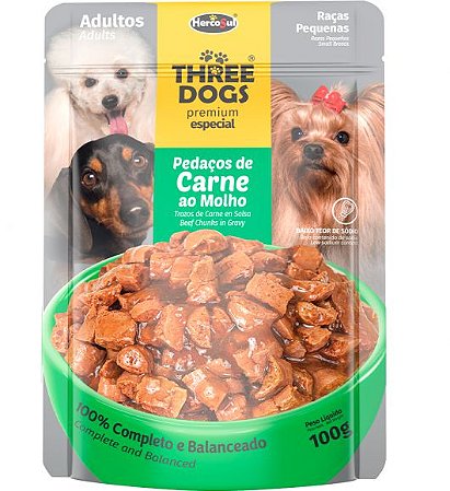 Ração Úmida Three Dogs Sachê Premium Especial para Cães Adultos Raças Pequenas Sabor Pedaços de Carne ao Molho - 100g