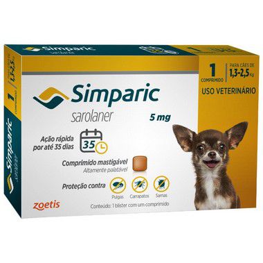 Antipulgas Simparic 5mg para cães 1,3 a 2,5 kg  C/1 Comprimido Avulso