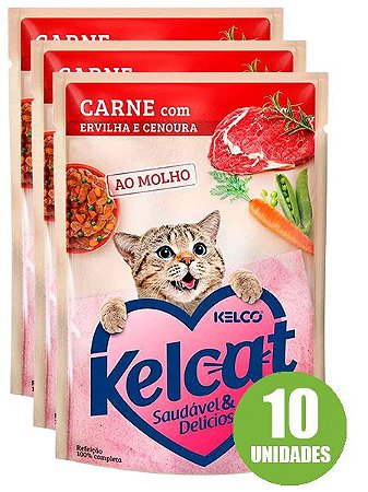 Ração Úmida Kelcat Sachê Sabor Carne com Ervilha e Cenoura para Gatos Adultos 85g - 10 unidades