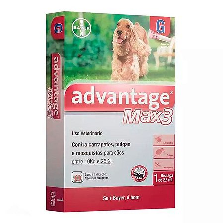 Antipulgas e Carrapatos Advantage MAX3 para Cães de 10Kg a 25Kg - 1 Bisnaga de 2,5 mL (VENC.FEV/23)