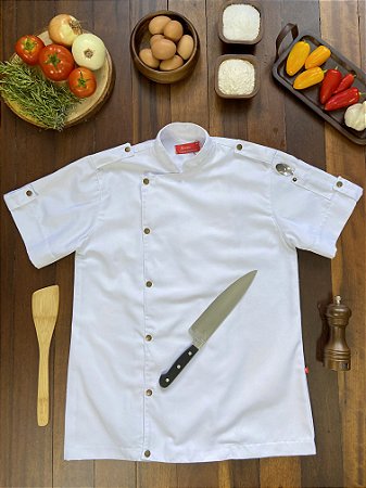 Camisa Masculina Chefe Cozinha - Dolman Farda Manga Curta Branca - Uniblu