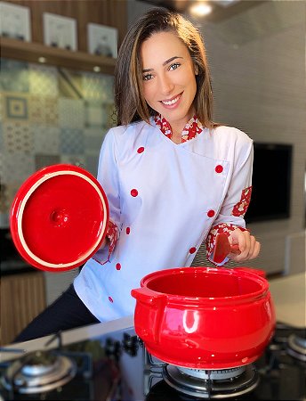 Camisa Feminina Chefe Cozinha - Dólman Stilus - Detalhes Chefinho Vermelho - Uniblu