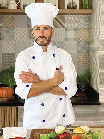 Camisa Masculina Chefe Cozinha - Dolmãn Stilus Branca - Botões Marinho - Uniblu