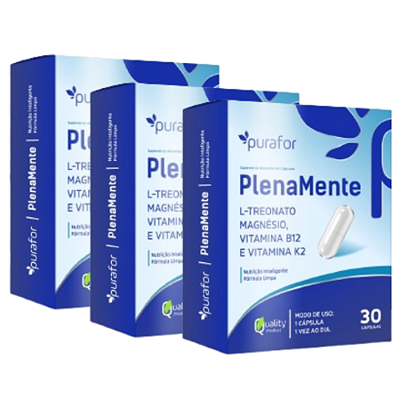 Plenamente - Magnésio L-Treonato, Vitamina B12 e Vitamina K12 - 30 Cápsulas - 3 unidades