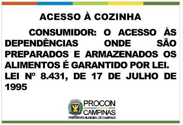 Placa - Acesso a Cozinha - Lei Municipal 8.431/1995