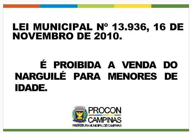 Placa Proibida a venda de narguilé para menores de 18 anos - Lei Municipal 13.936/2010