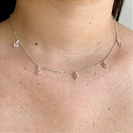 Choker Corações Rosa - Prata 925