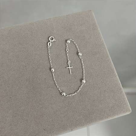 Pulseira Elos Bolinhas e Cruz- Prata 925