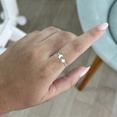 Anel Regulável Lua e Estrela- Prata 925