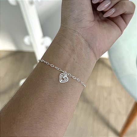 Pulseira Coração Pendurado Triplo - Prata 925