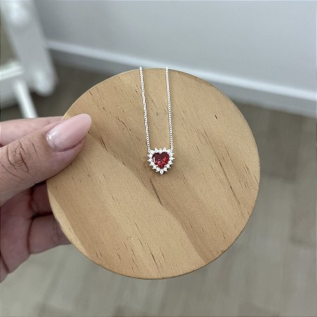 Colar Coração Zircônia Vermelho Cravejado - Prata 925