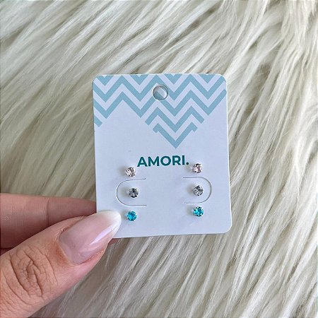 Trio de  Brincos Coloridos - Prata 925