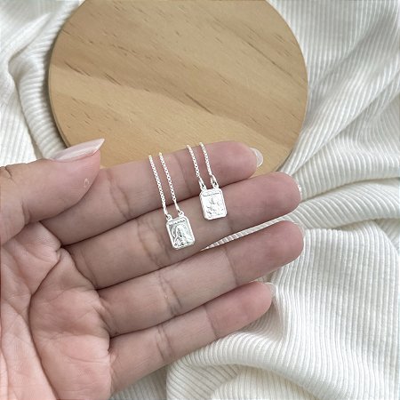 Escapulário Sagrado Coração de Jesus e N. S. do Carmo Mini Plaquinha - Prata 925