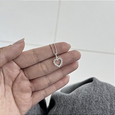 Colar Coração Cravejado Vazado Cristal - Prata 925