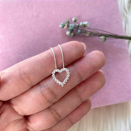 Colar Coração Cravejado Vazado - Prata 925