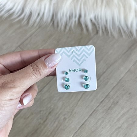 Trio de Brincos Ponto de Luz Verde Turquesa- Prata 925