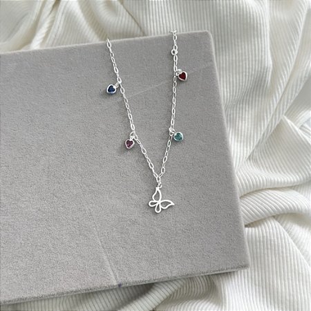 Pulseira Borboleta com 4 Zircônias Coloridas- Prata 925