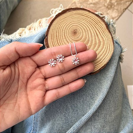 Conjunto Redondo Cravejado Rosa - Prata 925