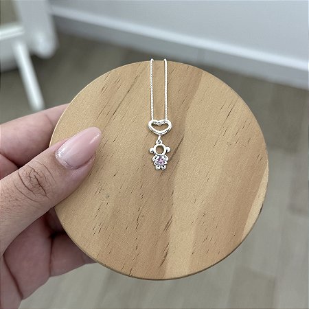 Colar Coração Cravejado com Menina - Prata 925