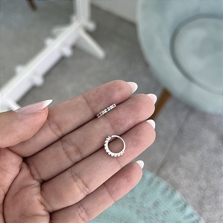 Brinco Piercing Argola Cravejada Colorida - Prata 925