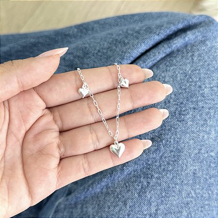 Pulseira 3 Corações Cheios - Prata 925