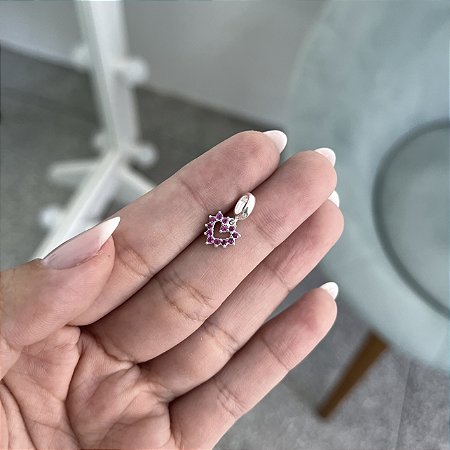 Berloque Coração Cravejado Rosa - Prata 925