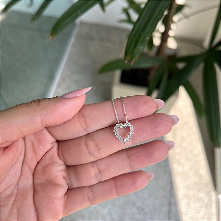 Colar Coração Cravejado Vazado Rosa Claro - Prata 925